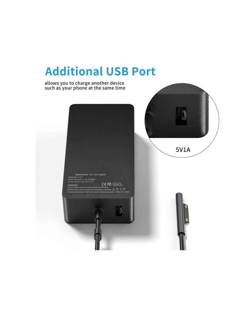 Terabyte 65W 15V 4A Surface Book AC Adapter Charger fit for Microsoft Model 1706 Tablet Power Supply Jack 6Ft Cord with USB - Image 4