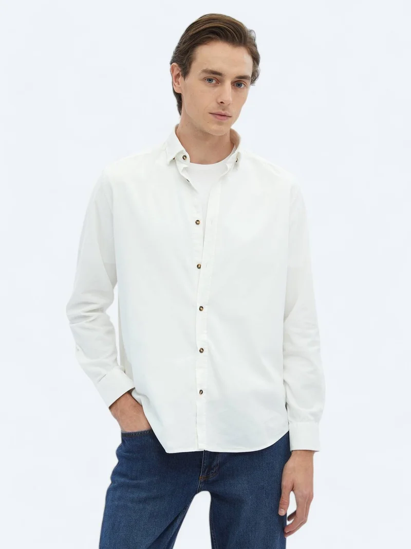 Kip White Ribbed Regular Fit Long Weaving Casual 100% Cotton Shirt