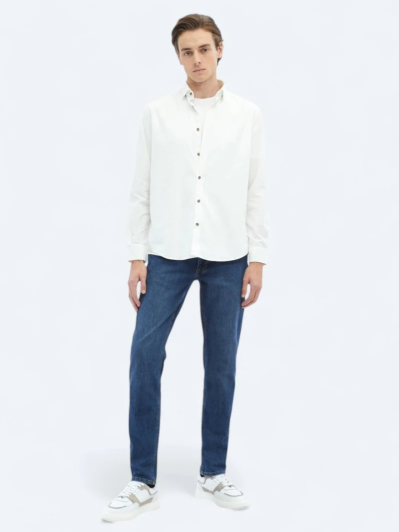 Kip White Ribbed Regular Fit Long Weaving Casual 100% Cotton Shirt