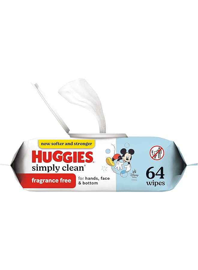 HUGGIES Simply Clean Fragrance Free Baby Wipes Unscented Diaper Wipes 1 Flip Top Pack (64 Wipes Total) - Image 1