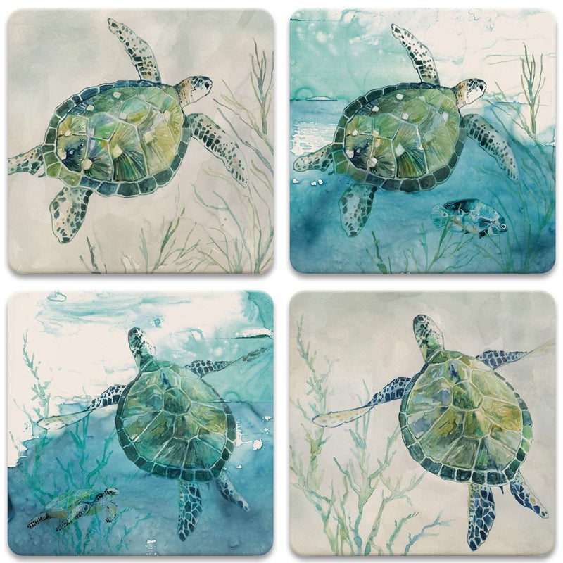 Sea Turtle Drink Coasters Absorbent Self Drying Absorbent Coasters for Hot or Cold Drinks Coastal Theme