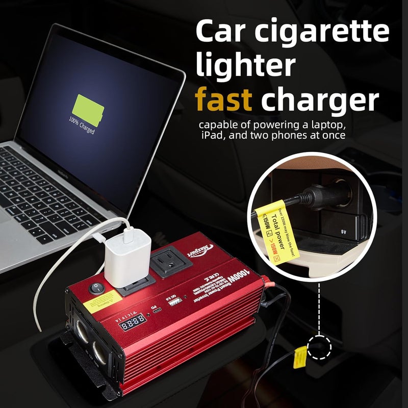 TWING Car 1000w Inverter,12v DC to 110v Power Inverters for Vehicles 1000 watt with Dual AC Outlets 3.0A USB and Type-C,12 Volt Inverter Car Cigarette Lighter Battery - Image 4