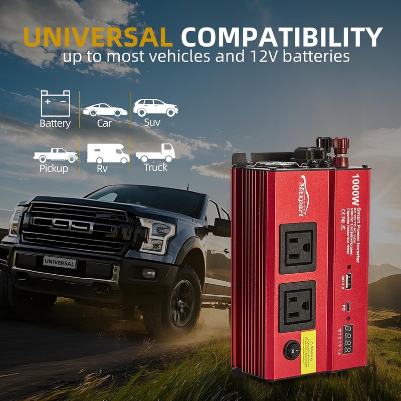 TWING Car 1000w Inverter,12v DC to 110v Power Inverters for Vehicles 1000 watt with Dual AC Outlets 3.0A USB and Type-C,12 Volt Inverter Car Cigarette Lighter Battery - Image 2