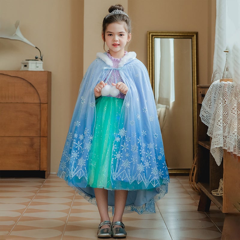 Girls 2023 Winter Mermaid Princess Sweater Knitted Long Sleeve Dress 6151# Blue-cloak