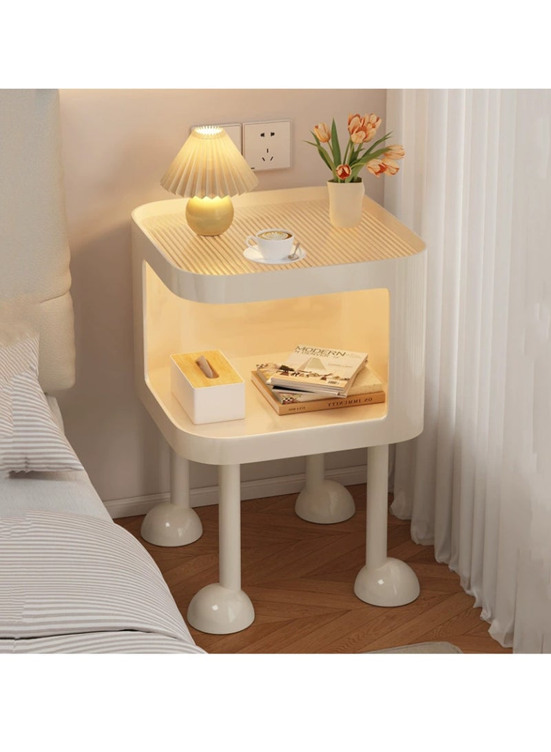 YY-ريشير طاولة جانبية للسرير مزودة بإضاءة LED ليلية، طاولة تخزين جانبية عصرية مع سطح زجاجي للأريكة والسرير - Image 1