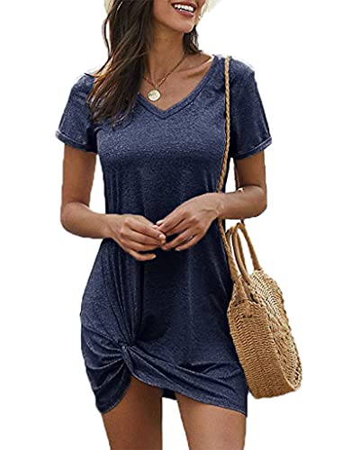 Locryz Short Sleeve Twist Dresses for Women Summer Sexy V-Neck Mini Beach Dresses M Navy Blue - Image 4