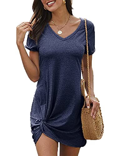 Locryz Short Sleeve Twist Dresses for Women Summer Sexy V-Neck Mini Beach Dresses M Navy Blue - Image 5