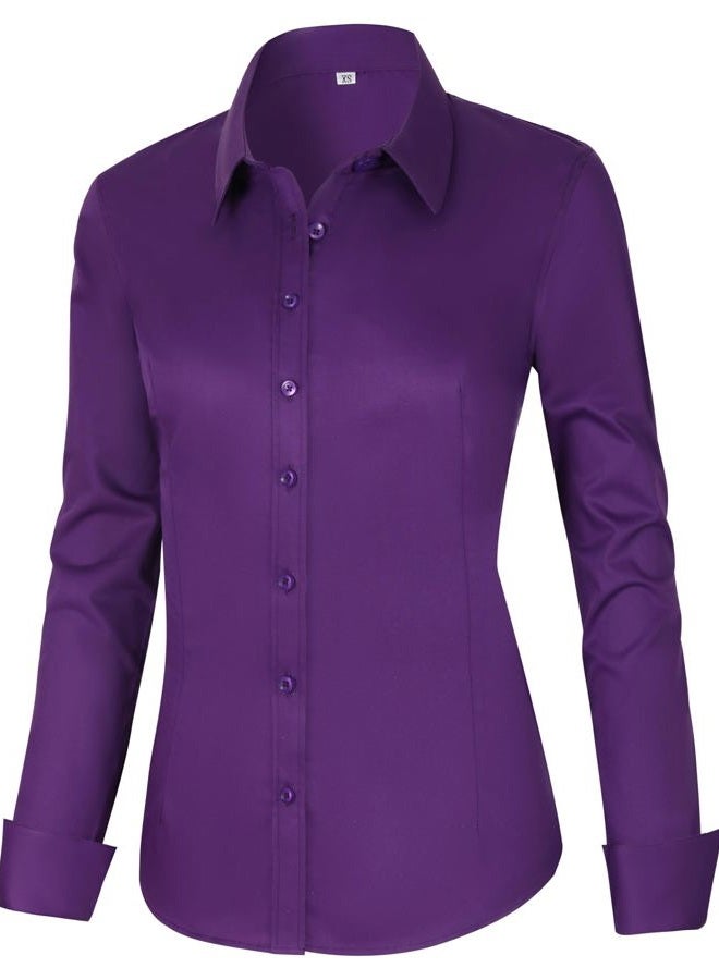CUNLIN Womens Cotton Button Down Shirts for Women Fitted Long Sleeve Formal Dress Shirt Work Blouses Tops, Dark Purple, L - Image 1