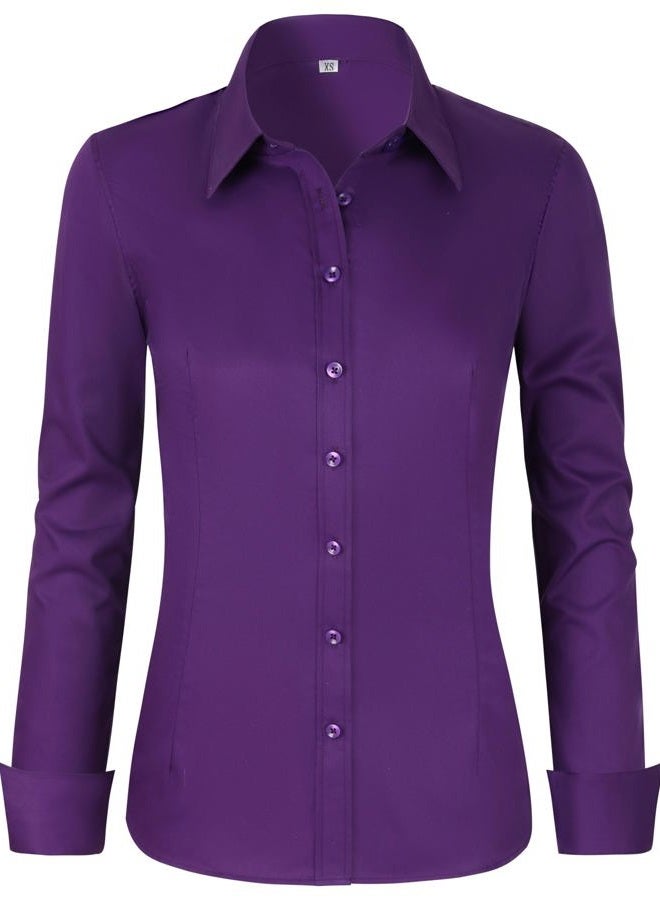CUNLIN Womens Cotton Button Down Shirts for Women Fitted Long Sleeve Formal Dress Shirt Work Blouses Tops, Dark Purple, L - Image 2