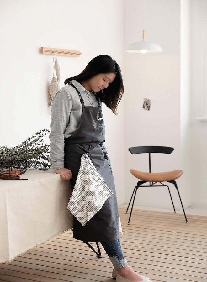 AOBBYBBS Adjustable Japan Nordic Style Soft Cotton Linen Apron with Four Pockets A Towel (Dark gray) - Image 2