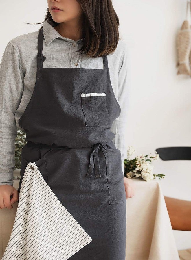 AOBBYBBS Adjustable Japan Nordic Style Soft Cotton Linen Apron with Four Pockets A Towel (Dark gray) - Image 3