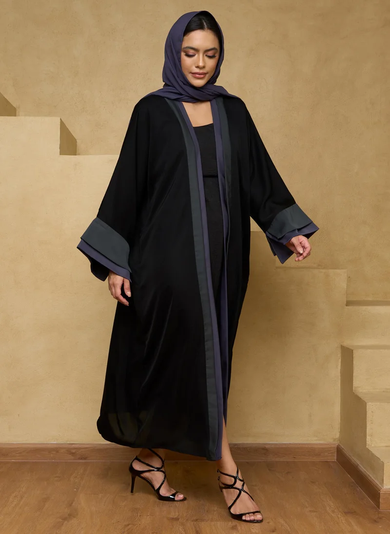 Couturelabs Black and Grey Layered Silk Abaya with Sheila