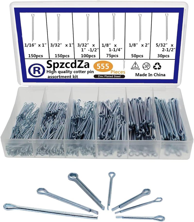 SpzcdZa Cotter Pin Assortment Kit - 555 Pieces Zinc Plated Steel Fasteners for Automotive and Mechanics - Image 1