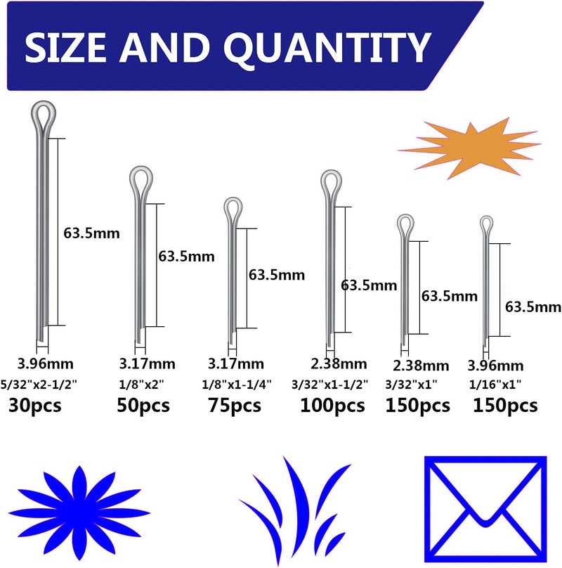 SpzcdZa Cotter Pin Assortment Kit - 555 Pieces Zinc Plated Steel Fasteners for Automotive and Mechanics - Image 2