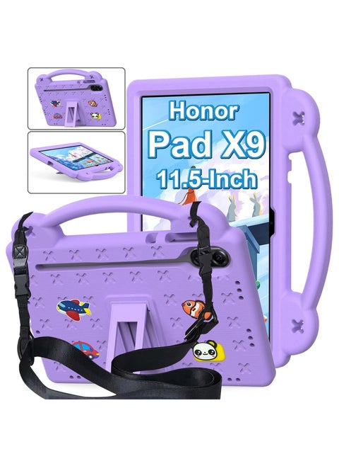 حافظة متوافقة مع Honor Pad X9 11.5 بوصة 2023، ملحقات DIY للأطفال، حافظة مقاومة للصدمات مع [حامل أقلام] [حزام الكتف] [حامل المقبض] (أرجواني)