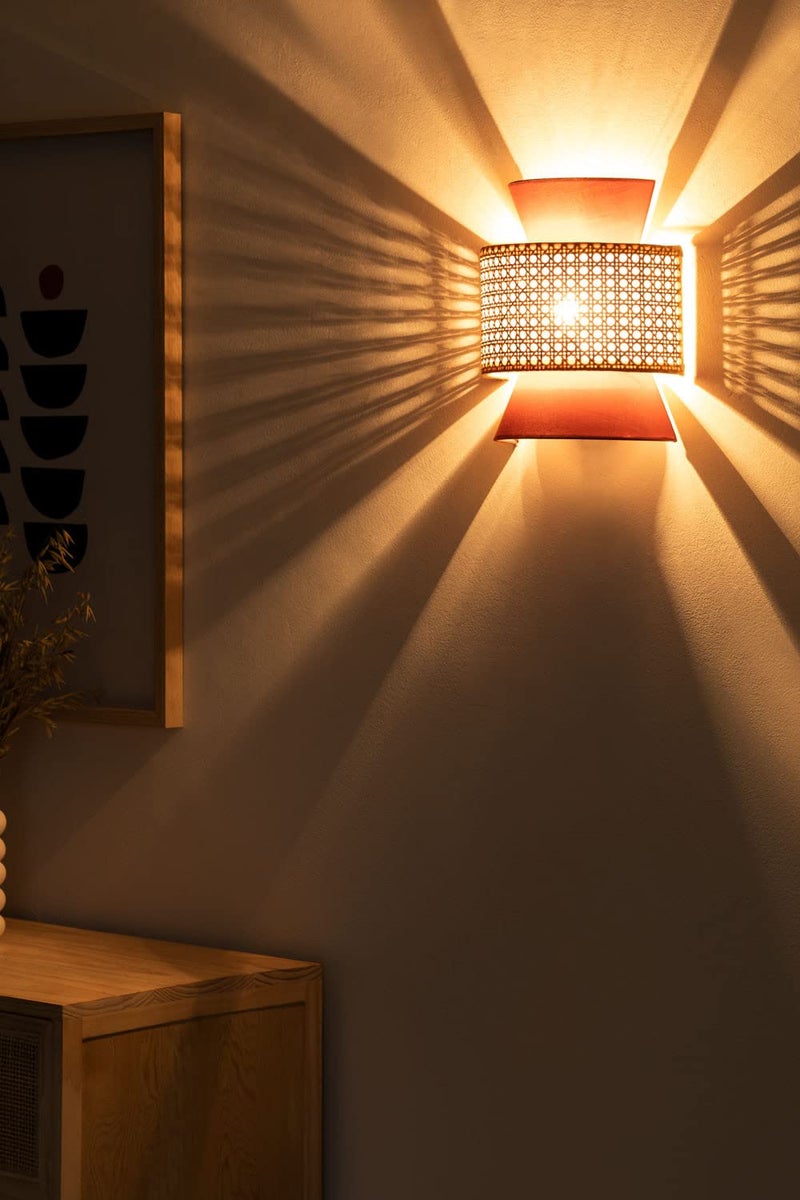 AKWAY Bamboo Wall Lamps for Living rooms | Rattan and Cane Webbing wall lamps for Bedroom | Wicker Wall lamps for home Decoration (Bulb not Included) (Orange) - Image 2