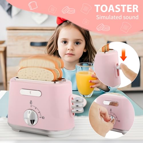 ACROFEK Play Kitchen Accessories Pretend Play Kitchen Appliances Toy Set with Coffee Maker Machine Toaster Mixer Blender with Realistic Lights Sounds Birthday Gifts for Girls Age 35 48 68 - Image 5