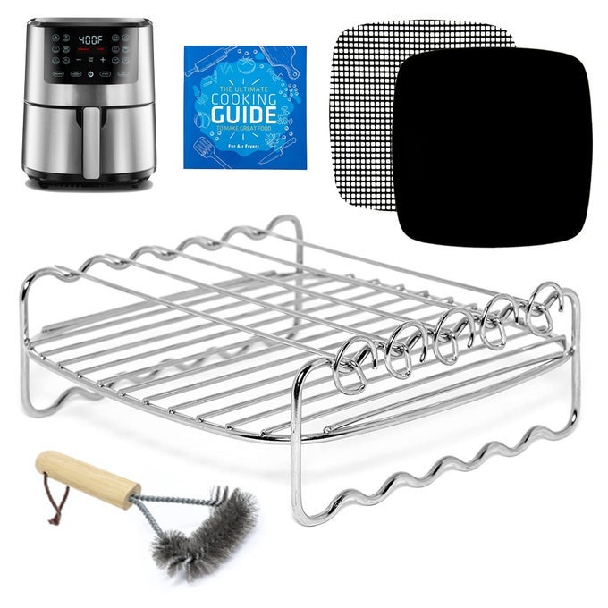AIR FRYER SKEWER RACK GRATE COMPATIBLE WITH CHEFMAN ULTREAN POWERXL AND MORE DOUBLE RACK KABOB AIRFRYER ACCESSORIES FOR COSORI GOWISE NUWAVE BRIO MULTIPURPOSE STAINLESS STEEL