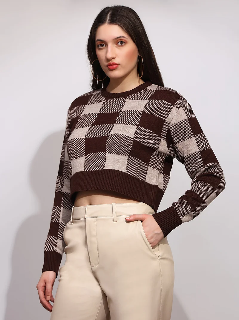 globus Globus Women Brown Round Neck Long Sleeves Checkered Ribbed Hem Winterwear Pullover Sweater