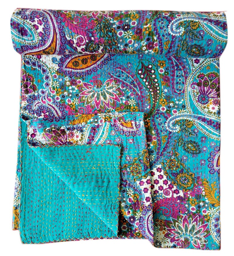 BOHEKANT Kirti Textiles and Handicraft Paisley Print Kantha Quilt Cotton Kantha Bed Cover Throw Kantha Coverlet Handmade Coverlet (Queen, 90x108 inches, Double Bed) - Image 3