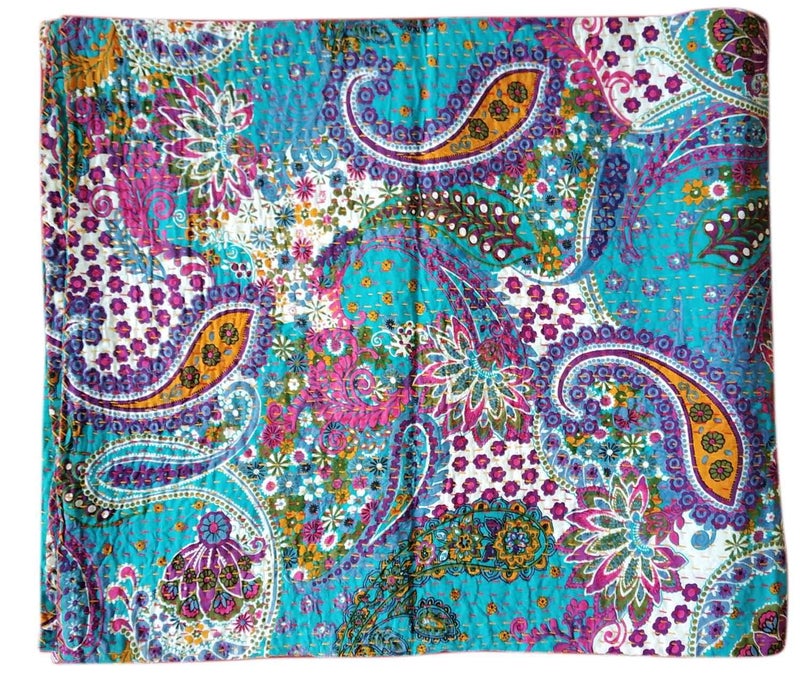 BOHEKANT Kirti Textiles and Handicraft Paisley Print Kantha Quilt Cotton Kantha Bed Cover Throw Kantha Coverlet Handmade Coverlet (Queen, 90x108 inches, Double Bed) - Image 1
