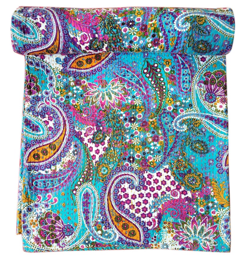 BOHEKANT Kirti Textiles and Handicraft Paisley Print Kantha Quilt Cotton Kantha Bed Cover Throw Kantha Coverlet Handmade Coverlet (Queen, 90x108 inches, Double Bed) - Image 2