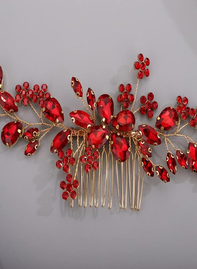 BERYUAN Teardrop Flower Crystal Hair Comb for Women Cute Crystal Comb for Bride RED - Image 2
