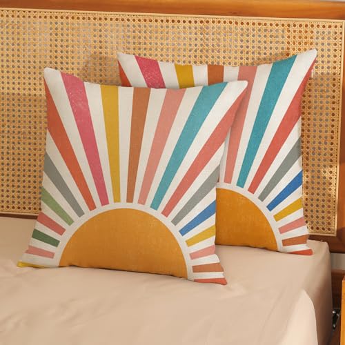 GOLIANDA Summer Pillow Covers 18x18 Set of 2 Colorful Stripes Yellow Sunshine Throw Pillows Outdoor Boho Rainbow Sun Decorative Pillow Cases Linen Modern Farmhouse Cushion Case for Home Bedroom Decor - Image 3