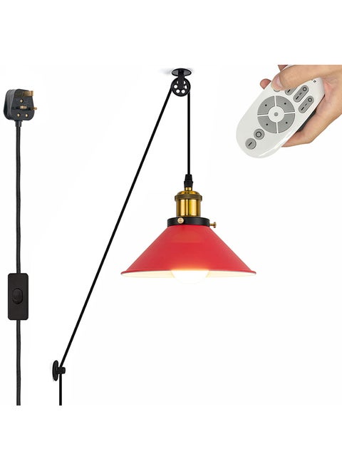 Kiven No Wiring Needed Industrial Pulley Design Plug in Pendant Lamp with Remote Control,3 Color Changing Dimmable Ceiling Light,Red Iron Cone Shape Shade with Wheel for Sloped Vaulted Ceiling