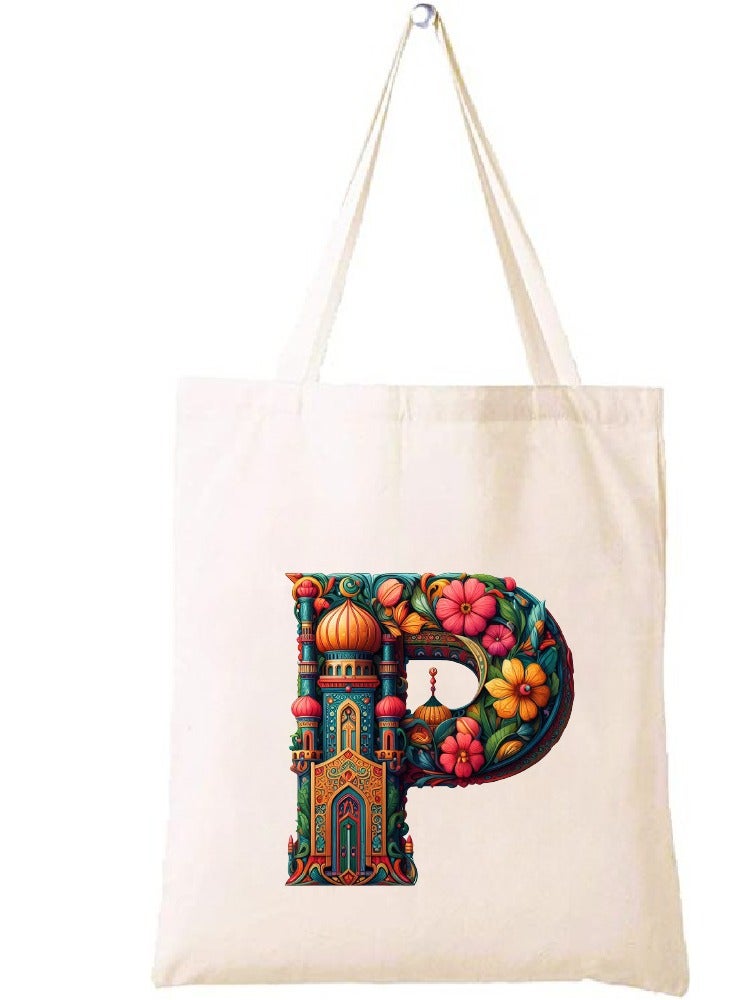 PRINTSHOP4ME Initial Monogram Tote Bag - Cotton Tote with Initial Design Printed - Perfect for School, Travel and Birthday Gift - Eco-Friendly Canvas Cotton Tote Bag for Women - Gift for Ramadan  - Image 1