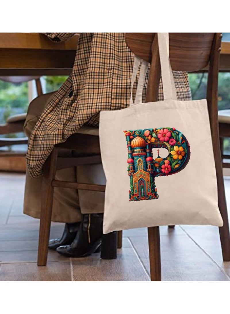 PRINTSHOP4ME Initial Monogram Tote Bag - Cotton Tote with Initial Design Printed - Perfect for School, Travel and Birthday Gift - Eco-Friendly Canvas Cotton Tote Bag for Women - Gift for Ramadan  - Image 3