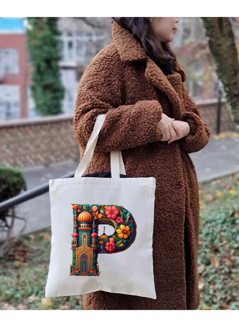 PRINTSHOP4ME Initial Monogram Tote Bag - Cotton Tote with Initial Design Printed - Perfect for School, Travel and Birthday Gift - Eco-Friendly Canvas Cotton Tote Bag for Women - Gift for Ramadan  - Image 5