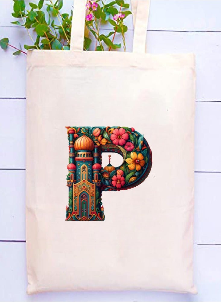 PRINTSHOP4ME Initial Monogram Tote Bag - Cotton Tote with Initial Design Printed - Perfect for School, Travel and Birthday Gift - Eco-Friendly Canvas Cotton Tote Bag for Women - Gift for Ramadan  - Image 2