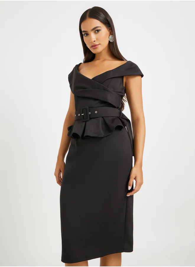 Styli Ruffle Detail Short Sleeves Sheath Midi Dress