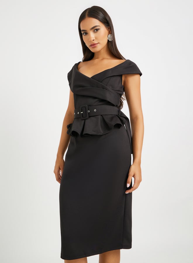 Styli Off-Shoulder Belted Dress  - Image 1