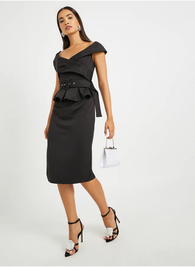 Styli Ruffle Detail Short Sleeves Sheath Midi Dress