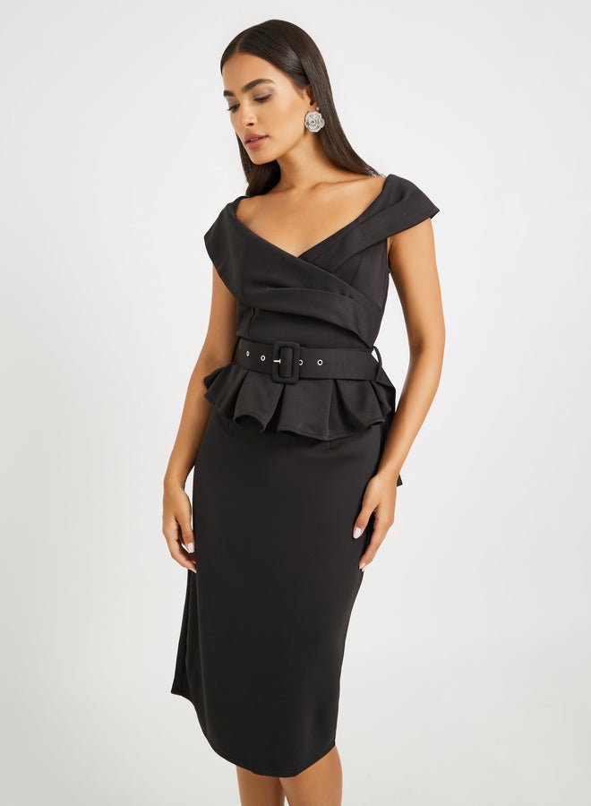 Styli Off-Shoulder Belted Dress  - Image 3