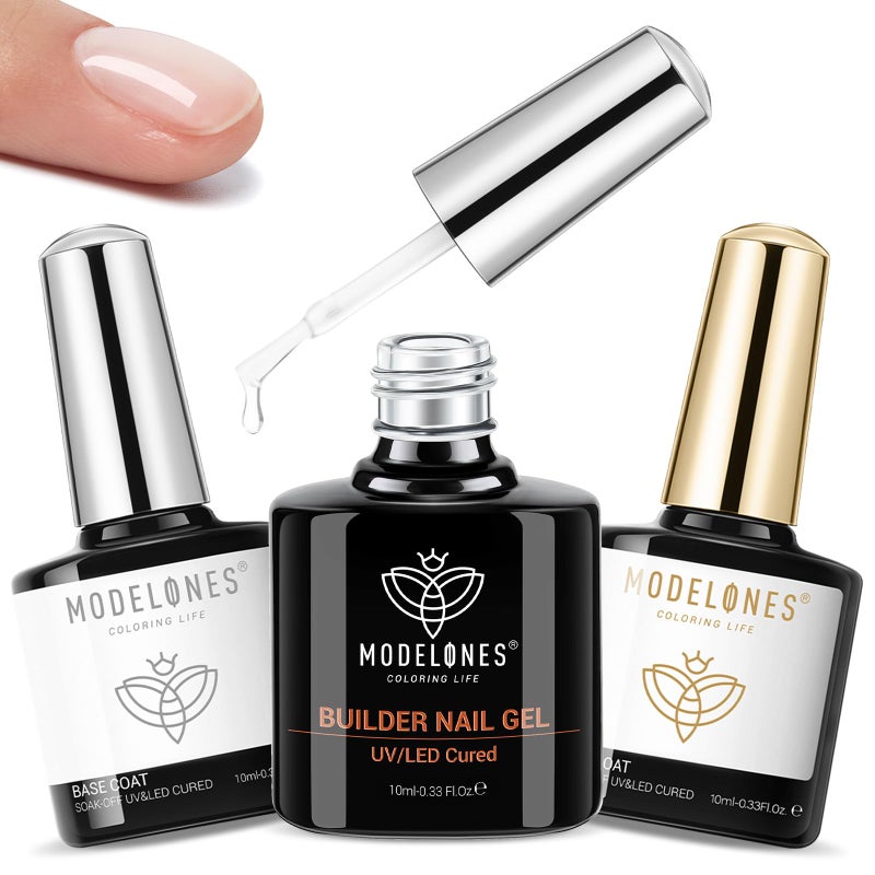 modelones 3 Pcs Top Coat Builder Nail Gel with Gel Base, No Wipe - Shine Finish and Long Lasting, Clear Builder Top Nail Kit for Thickening Apex Building Extension, LED Lamp Cured 10ml Home DIY Salon - Image 1