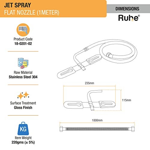 RUHE® Jet Hands-Free Spray | 304 Stainless Steel- Toilet Bidet | Flat Nozzle | Jet Spray with 1 Meter Heavy PVC Hose | Glossy Finish - Image 2