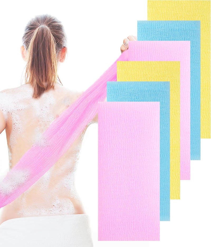 6 PCS Exfoliating Washcloth 35 Inch 3 Colors Nylon Bath Exfoliating Towel for Shower Colorful Japanese Washcloth Exfoliating Body Scrubber Blue Yellow Pink