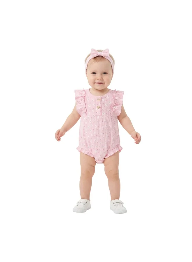 Bambimici Toddler Girl Cotton Flower Romper with Headband – 2-Piece Ruffle Bodysuit Set