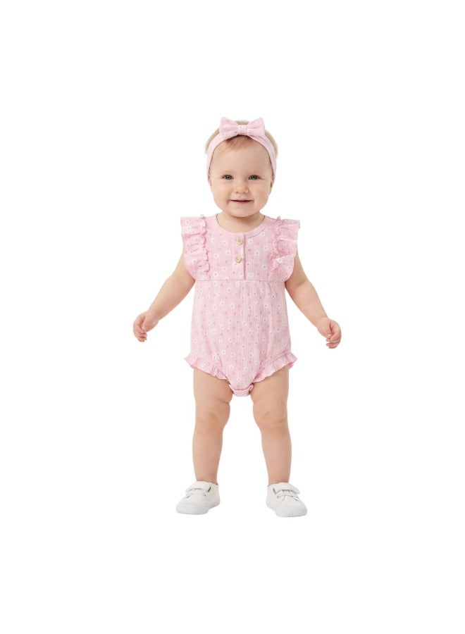 Bambimici Toddler Girl Cotton Flower Romper with Headband – 2-Piece Ruffle Bodysuit Set - Image 1