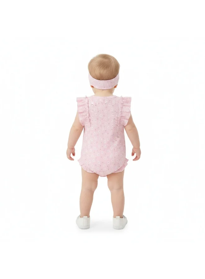 Bambimici Toddler Girl Cotton Flower Romper with Headband – 2-Piece Ruffle Bodysuit Set