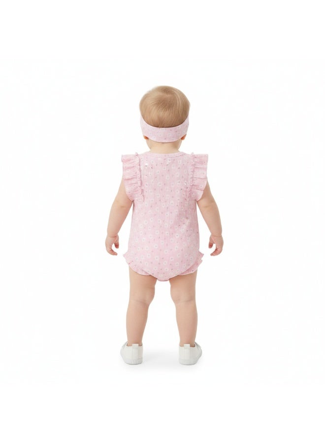 Bambimici Toddler Girl Cotton Flower Romper with Headband – 2-Piece Ruffle Bodysuit Set - Image 2
