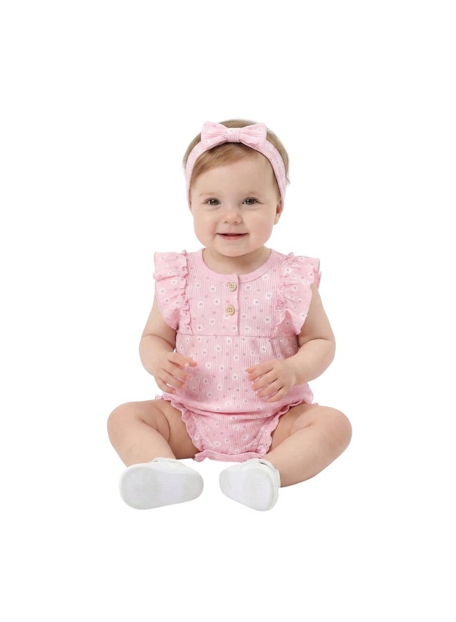 Bambimici Toddler Girl Cotton Flower Romper with Headband – 2-Piece Ruffle Bodysuit Set - Image 3