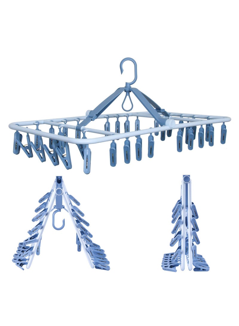 Barakah Foldable Clip Hangers Drip Hanger Plastic with 32 Drying Clips Wind-Proof Hook Underwear Hanger with Clips Plastic Laundry Clip Drying Rack Hanger for Socks Bras Lingerie Clothes Blue - Image 1