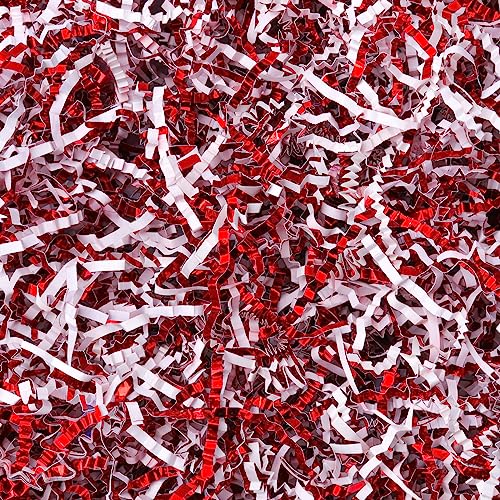 Ottwlli 150 Grams Red & White Crinkle Cut Paper Shred Filler Metallic Iridescent Gift Boxes Filler Gift Wrapping Gift Basket Filler for Gift Wrapping & Basket Filling Easter Grass - Image 1