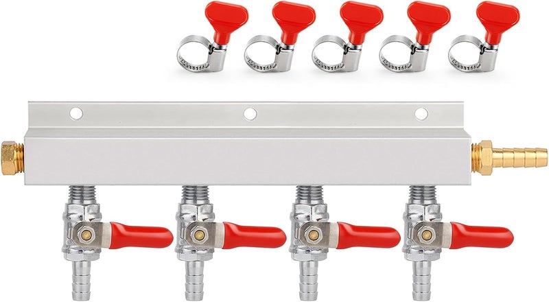 Ferroday 4 Way Gas Manifold 5/16" Barbed Integrated Check Valves CO2 Distributor Independent Shut Off 4 Way CO2 Manifold Gas Distributor for Home Brew Beer Gas Manifold Kegerator Manifold + 5 Clamps - Image 1