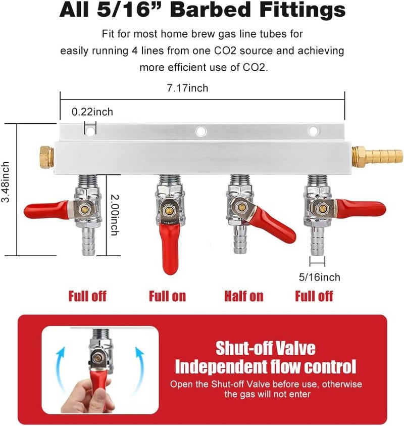 Ferroday 4 Way Gas Manifold 5/16" Barbed Integrated Check Valves CO2 Distributor Independent Shut Off 4 Way CO2 Manifold Gas Distributor for Home Brew Beer Gas Manifold Kegerator Manifold + 5 Clamps - Image 3