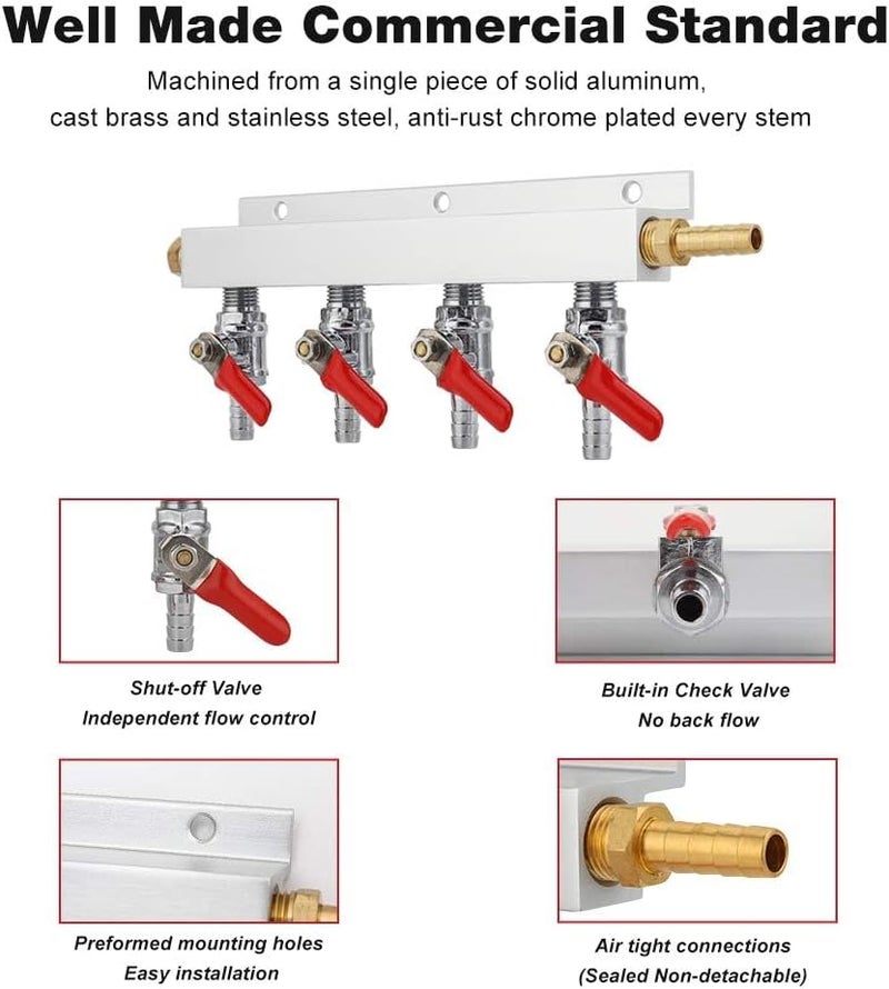Ferroday 4 Way Gas Manifold 5/16" Barbed Integrated Check Valves CO2 Distributor Independent Shut Off 4 Way CO2 Manifold Gas Distributor for Home Brew Beer Gas Manifold Kegerator Manifold + 5 Clamps - Image 4